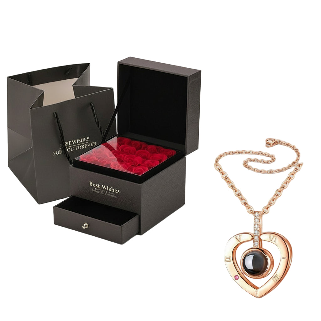 Un coffret élégant pour un moment inoubliable.
Composé de 9 roses réalistes en mousse de haute qualité, ce coffret renferme dans son tiroir un collier fin et délicat, déjà prêt à être offert.